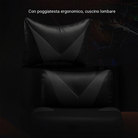 Sedia Gaming Ergonomica Reclinabile a 125° Poggiatesta e Cuscino Lombare Nero