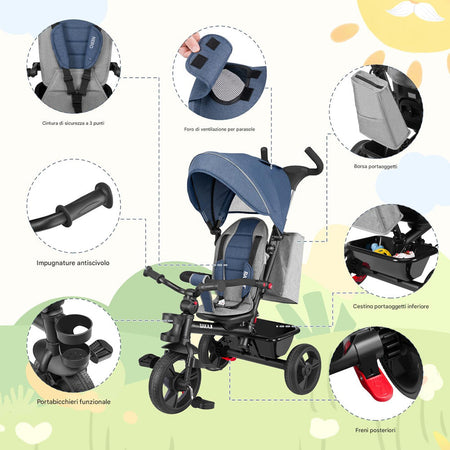Triciclo Bambini 5in1 con Sedile Girevole 360°, Cappottina, Pedali e Maniglione Regolabile Blu