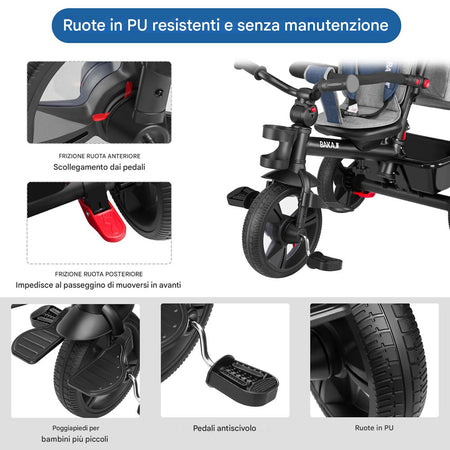 Triciclo Bambini 5in1 con Sedile Girevole 360°, Cappottina, Pedali e Maniglione Regolabile Blu