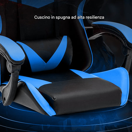 Sedia Gaming Ergonomica Reclinabile a 125° Poggiatesta e Cuscino Lombare Blu