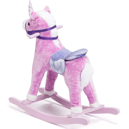 Cavallo a Dondolo Unicorno Rosa in Peluche con Suoni Realistici Base in legno 3+