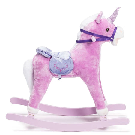 Cavallo a Dondolo Unicorno Rosa in Peluche con Suoni Realistici Base in legno 3+