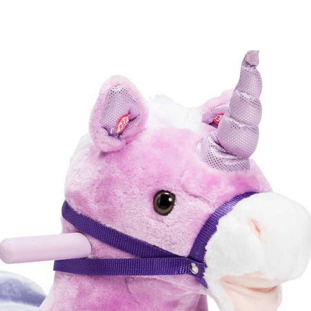 Cavallo a Dondolo Unicorno Rosa in Peluche con Suoni Realistici Base in legno 3+