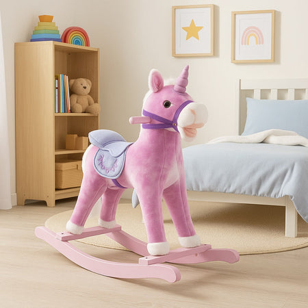 Cavallo a Dondolo Unicorno Rosa in Peluche con Suoni Realistici Base in legno 3+