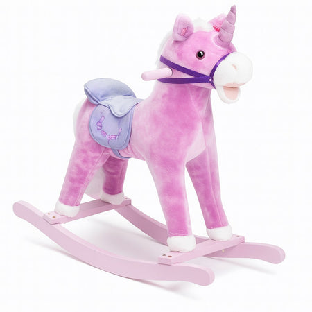 Cavallo a Dondolo Unicorno Rosa in Peluche con Suoni Realistici Base in legno 3+