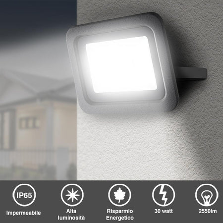 Faro LED 30W 2550LM IP65 Faretto Esterno Slim Luce Bianco Freddo 6500K Alta Luminosità