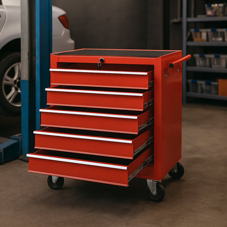 Carrello Portautensili 5 Cassetti Mobiletto con 4 Ruote Maniglia per Garage Officina Rosso