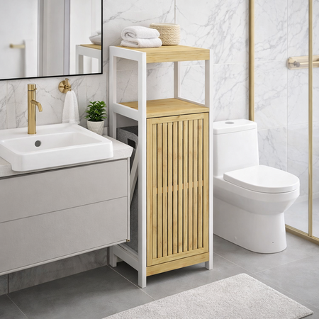 Mobiletto Bagno Portabiancheria Moderno Legno e Bambù 36x33x98 cm 1 Anta 2 Ripiani