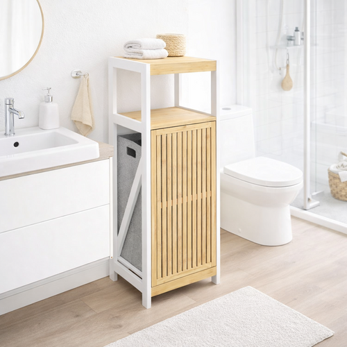 Mobiletto Bagno Portabiancheria Moderno Legno e Bambù 36x33x98 cm 1 Anta 2 Ripiani