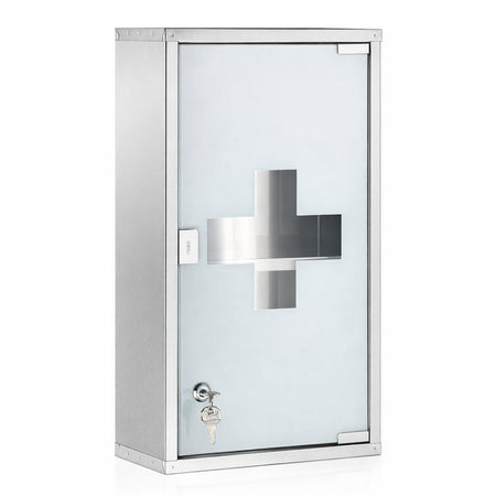 Armadietto Porta Medicinali Acciaio Inox e Vetro Satinato 65x36x17 cm con Chiave