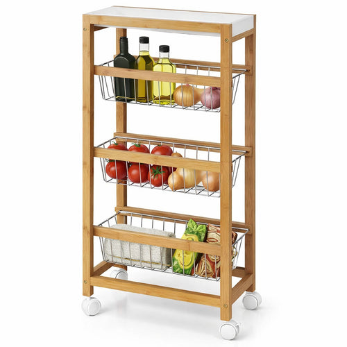 Carrello Cucina Slim Salvaspazio in Bambù con ruote 3 Cestelli e Vassoio