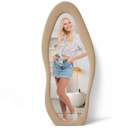 Specchio Grande Ondulato 60x160 cm da Parete con Cornice in Velluto Moderno Beige