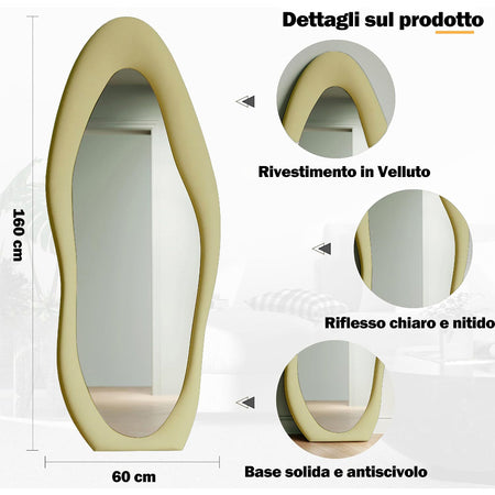 Specchio Grande Ondulato 60x160 cm da Parete con Cornice in Velluto Moderno Verde