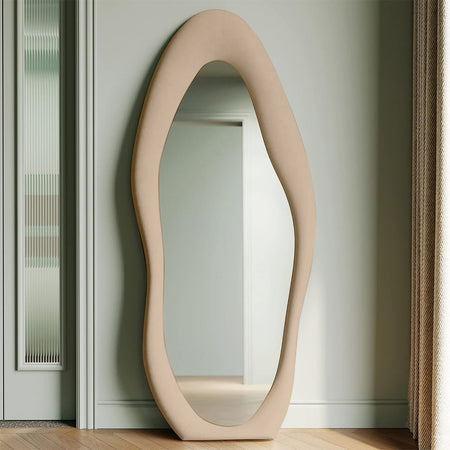 Specchio Grande Ondulato 60x160 cm da Parete con Cornice in Velluto Moderno Beige