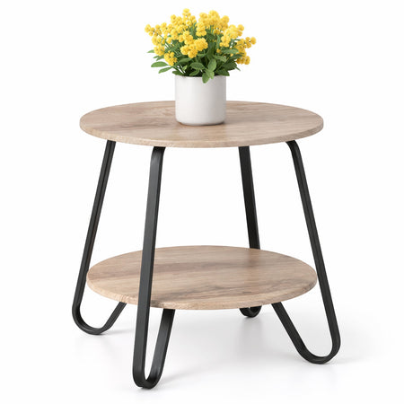 Tavolino da Salotto Moderno Rotondo 2 Ripiani Tortora Struttura Nera in Metallo