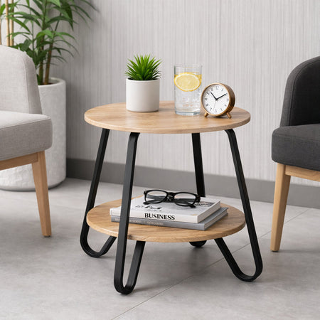 Tavolino da Salotto Moderno Rotondo 2 Ripiani Tortora Struttura Nera in Metallo