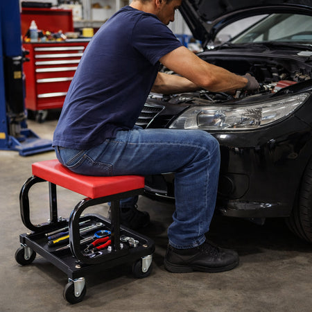 Sgabello da Officina Meccanico con Ruote Seduta Imbottita Vassoio Porta Utensili