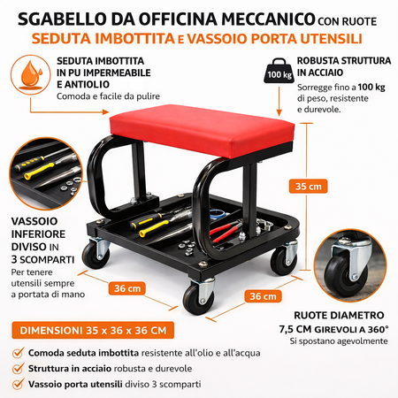 Sgabello da Officina Meccanico con Ruote Seduta Imbottita Vassoio Porta Utensili