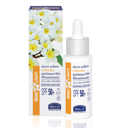 Helan Monoï de Tahiti - Siero Viso Antimacchia Idratante Colorato con Vitamina C e E, Skincare Protezione Solare 50+ Viso Tutela Collagene contro Luce Blu, Illuminante Viso Make Up Skin Care 2in1 30ml