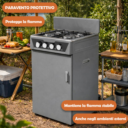 Cucina a Gas 4 Guochi da Esterni con Portabombola e Paravento Compatta Grigio