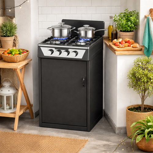 Cucina a Gas 4 Guochi da Esterni con Portabombola e Paravento Compatta Nero