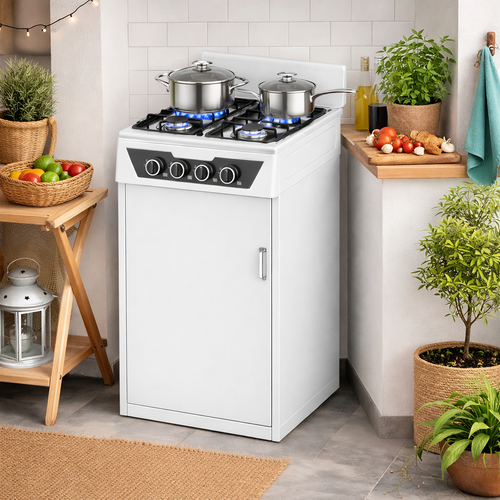 Cucina a Gas 4 Guochi da Esterni con Portabombola e Paravento Compatta Bianco