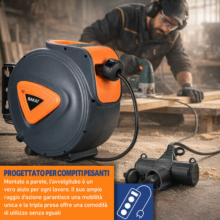 Avvolgicavo Elettrico 20 Metri con Supporto a Muro Rotante 180° e Multipresa 16Amp