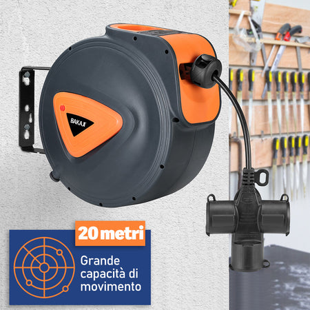 Avvolgicavo Elettrico 20 Metri con Supporto a Muro Rotante 180° e Multipresa 16Amp