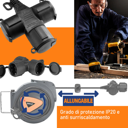 Avvolgicavo Elettrico 20 Metri con Supporto a Muro Rotante 180° e Multipresa 16Amp