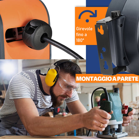 Avvolgicavo Elettrico 15 Metri con Supporto a Muro Rotante 180° e Multipresa 16Amp