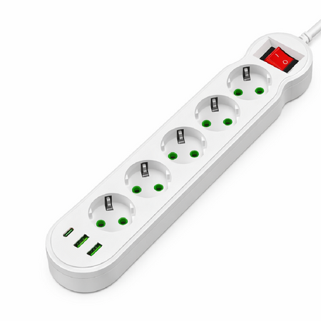 Ciabatta Multifunzione 5 Prese Schuko 3 USB 2500W con Interruttore Protezione IPX0