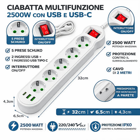 Ciabatta Multifunzione 5 Prese Schuko 3 USB 2500W con Interruttore Protezione IPX0