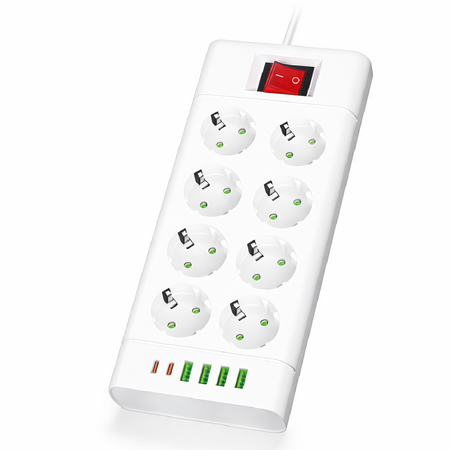 Ciabatta Multifunzione 8 Prese Schuko 5 USB 2500W con Interruttore Protezione IPX0