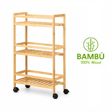 Carrello in Legno Bambù Slim 3 Ripiani con Ruote 45x22 h80 Cucina Bagno Ufficio