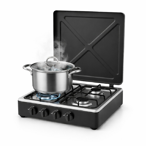 Fornellone a Gas 4 Fuochi Smaltato Nero con Coperchio Casa Campeggio 50x50cm