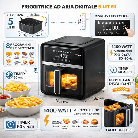Friggitrice ad Aria 5 Litri 1400W Digitale Led 8 Programmi Senza Olio Nero