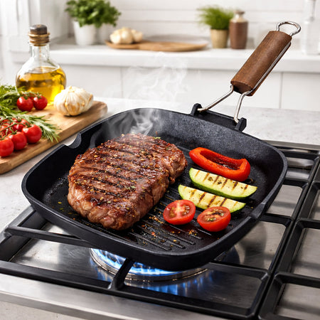 Bistecchiera 26x26 cm Antiaderente 3 Strati Manico Pieghevole Salvaspazio Made in Italy