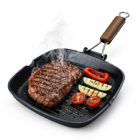 Bistecchiera 26x26 cm Antiaderente 3 Strati Manico Pieghevole Salvaspazio Made in Italy