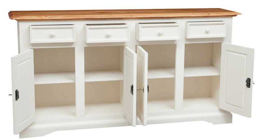 Biscottini Credenza Country in legno massello di tiglio struttura bianca anticata top finitura naturale L202xPR45xH103 cm. Made in Italy
