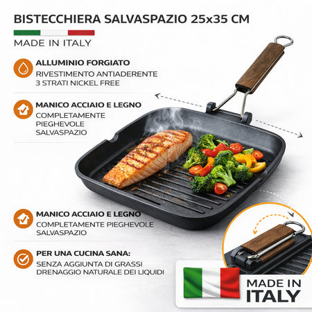 Bistecchiera 25x35 cm Antiaderente 3 Strati Manico Pieghevole Salvaspazio Made in Italy