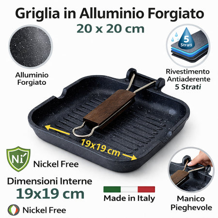 Bistecchiera 20x20 cm Antiaderente 5 Strati Pietra Manico Pieghevole Made in Italy