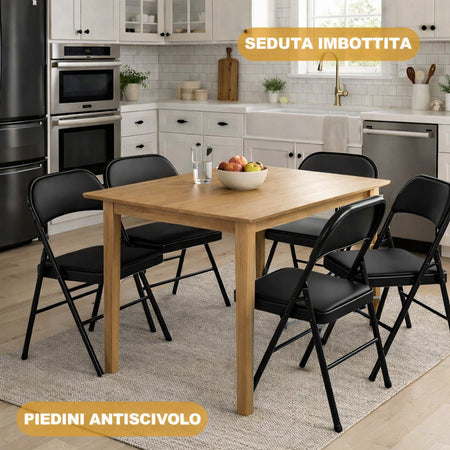 Set 4 Sedie Pieghevoli Metallo Ecopelle Imbottita Ergonomiche Salvaspazio Nero