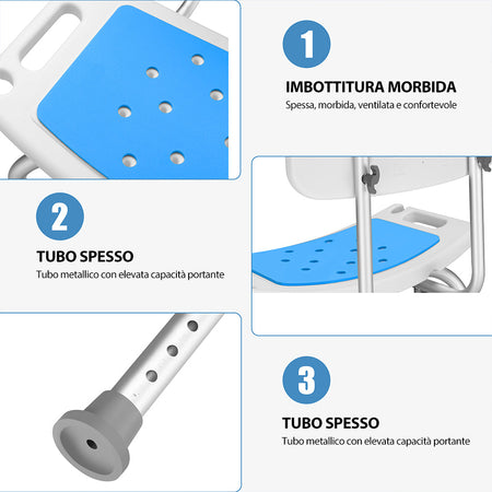 Sedia Sgabello da Doccia con Schienale Regolabile Anziani Disabili max 130 kg