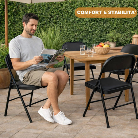 Set 4 Sedie Pieghevoli Metallo Ecopelle Imbottita Ergonomiche Salvaspazio Nero