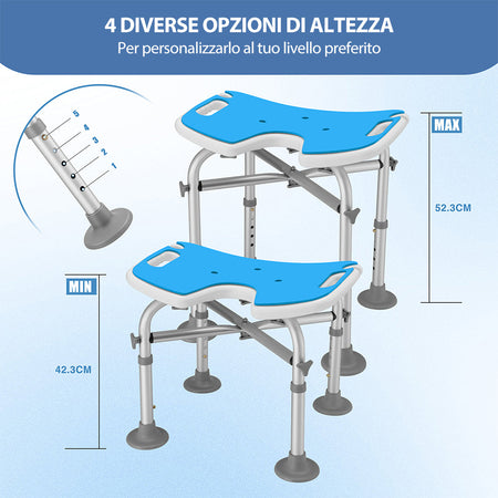 Sgabello da Doccia per Anziani Regolabile con Piedini Antiscivolo Portata 130 kg