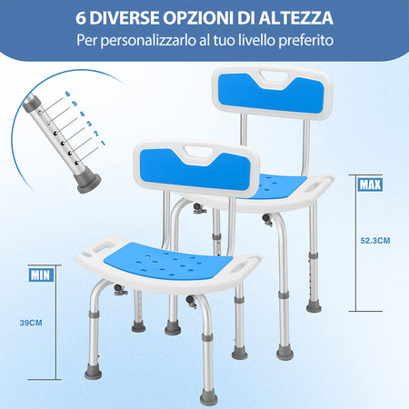 Sedia Sgabello da Doccia con Schienale Regolabile Anziani Disabili max 130 kg