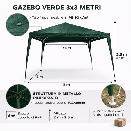 Gazebo da Giardino 3x3 Impermeabile Struttura Metallo Verde per Campeggio Giardino Eventi