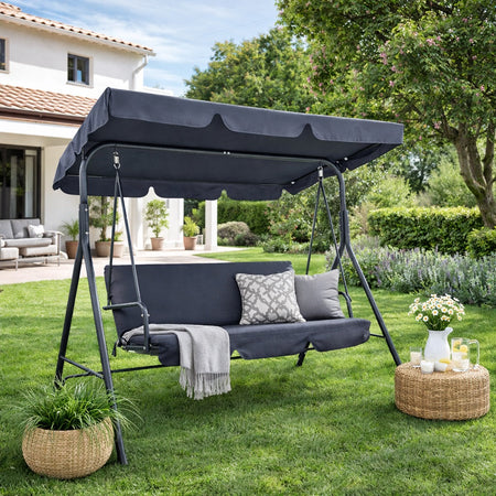 Dondolo Altalena da Giardino 3 Posti con Parasole Regolabile in acciaio Grigio