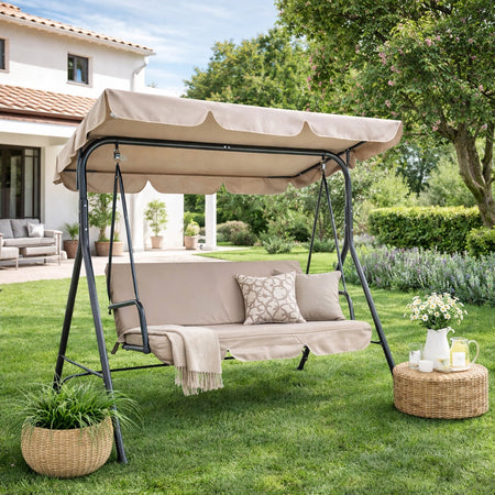 Dondolo Altalena da Giardino 3 Posti con Parasole Regolabile in acciaio Tortora