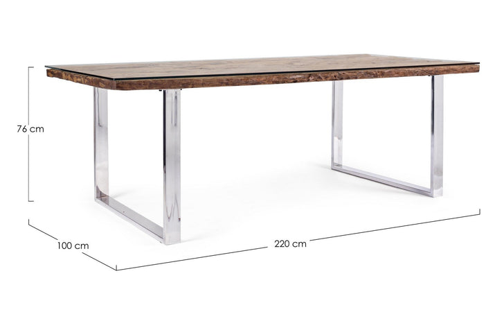 Tavolo "C-V Stanton" rettangolare, con gambe in acciaio, piano in legno riciclato e vetro temperato, stile moderno